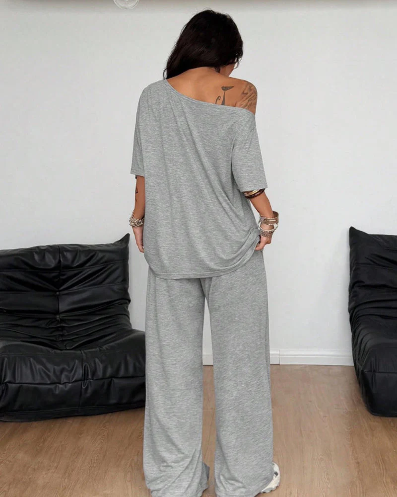 Women's Off-Shoulder Tee Wide-Leg Pants 2P Set - Image 2