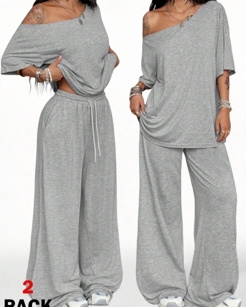 Women's Off-Shoulder Tee Wide-Leg Pants 2P Set - Image 3