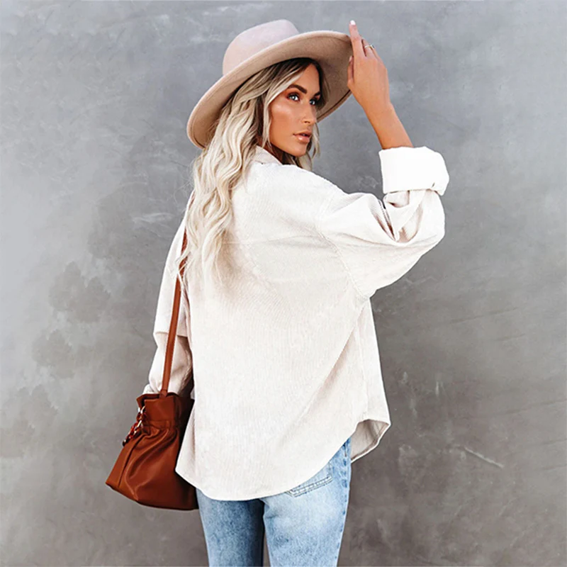 Women's Plain Pocket Button Front Corduroy Shirt - Image 11