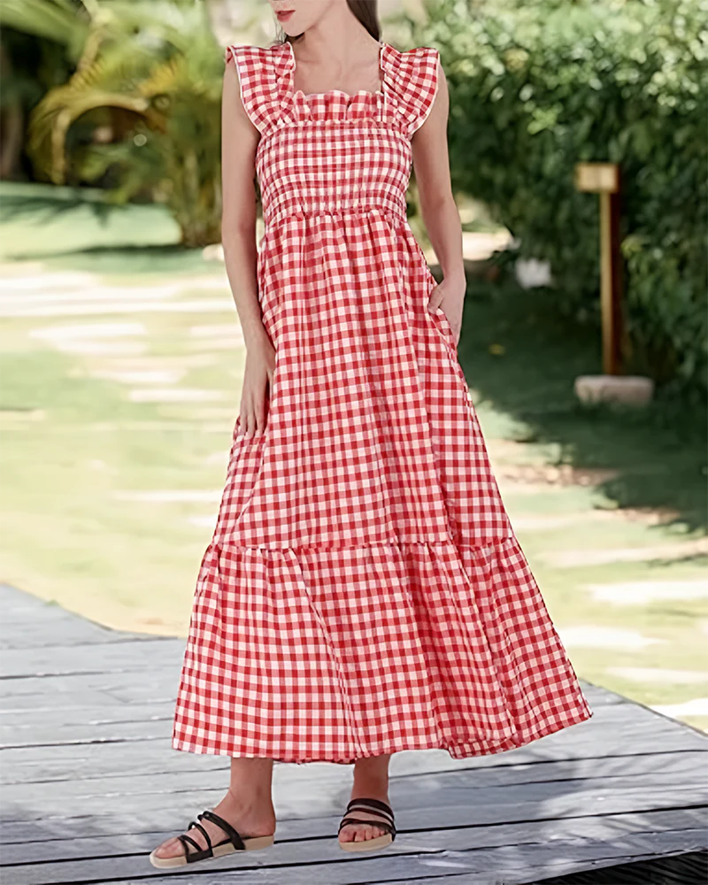 Women's Retro Plaid Smocked Dress Spaghetti Strap Flowy Maxi with Pockets