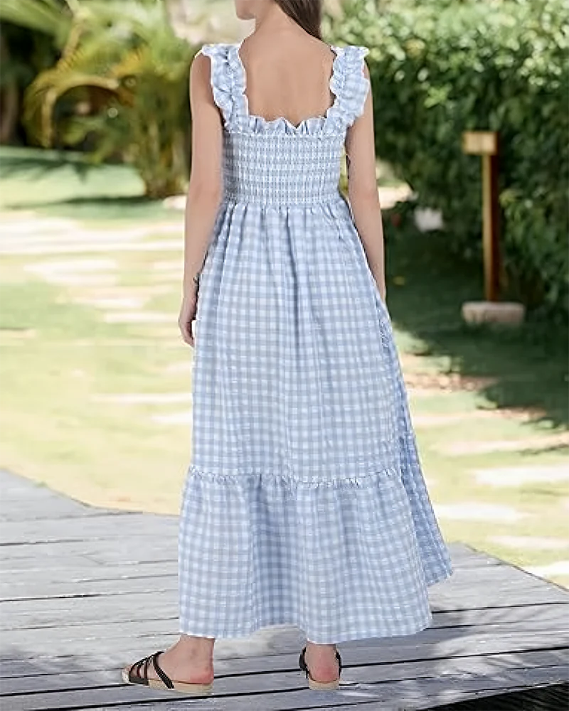 Women's Retro Plaid Smocked Dress Spaghetti Strap Flowy Maxi with Pockets - Image 10