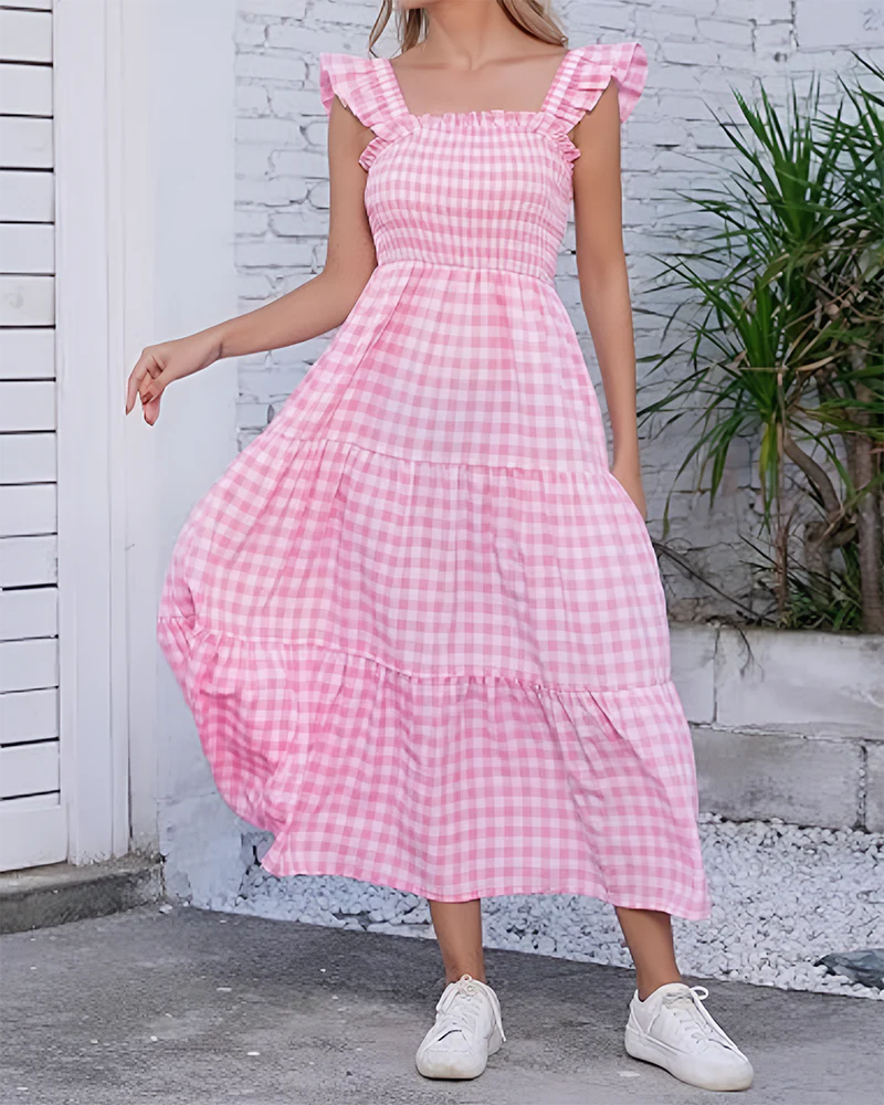 Women's Retro Plaid Smocked Dress Spaghetti Strap Flowy Maxi with Pockets - Image 11