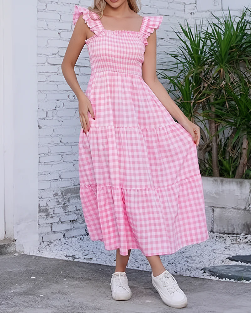 Women's Retro Plaid Smocked Dress Spaghetti Strap Flowy Maxi with Pockets - Image 12