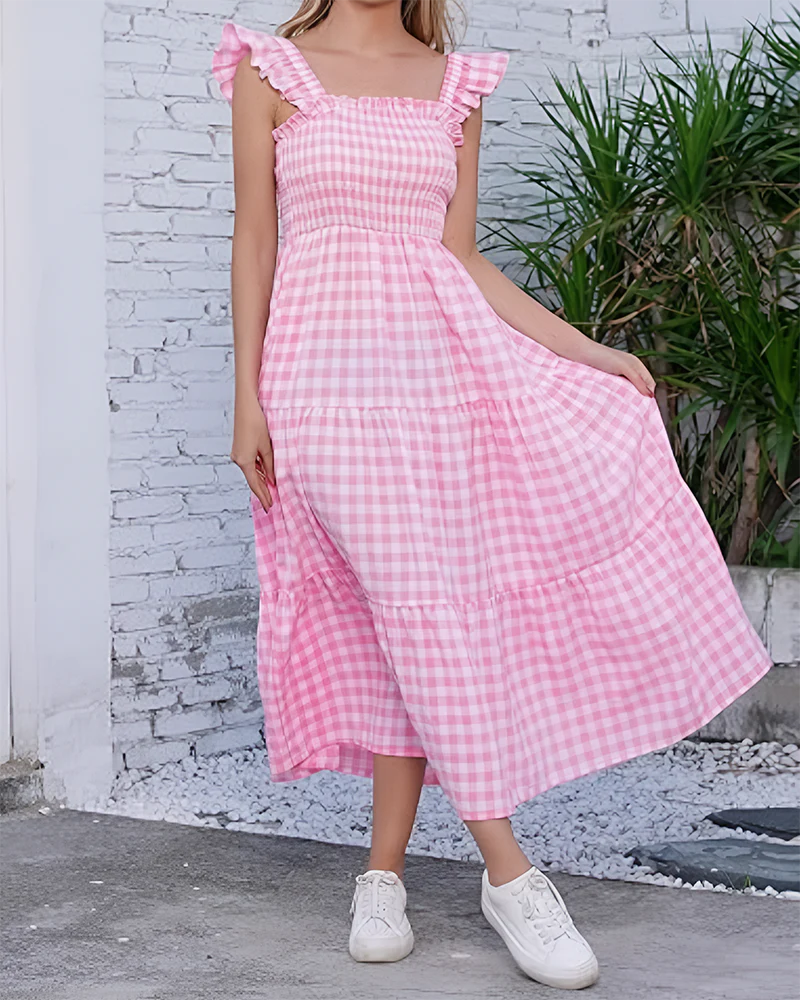Women's Retro Plaid Smocked Dress Spaghetti Strap Flowy Maxi with Pockets - Image 13