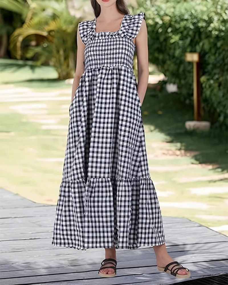 Women's Retro Plaid Smocked Dress Spaghetti Strap Flowy Maxi with Pockets - Image 14