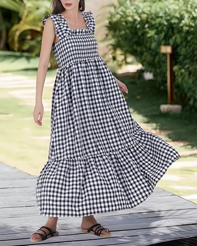 Women's Retro Plaid Smocked Dress Spaghetti Strap Flowy Maxi with Pockets - Image 15