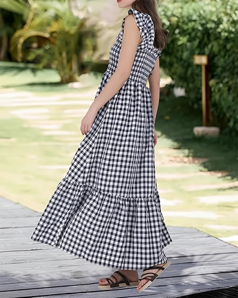 Women's Retro Plaid Smocked Dress Spaghetti Strap Flowy Maxi with Pockets - Image 16