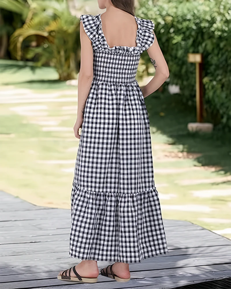 Women's Retro Plaid Smocked Dress Spaghetti Strap Flowy Maxi with Pockets - Image 17