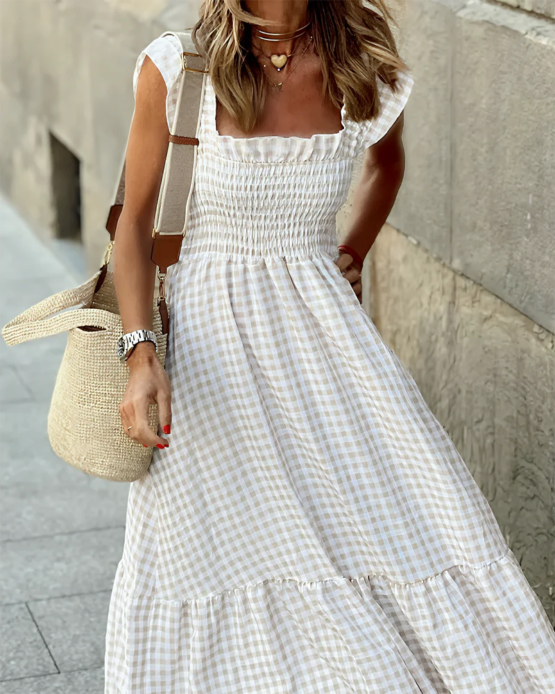 Women's Retro Plaid Smocked Dress Spaghetti Strap Flowy Maxi with Pockets - Image 18