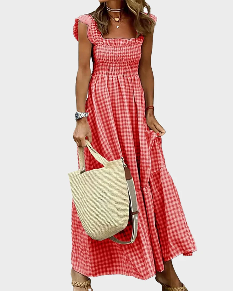 Women's Retro Plaid Smocked Dress Spaghetti Strap Flowy Maxi with Pockets - Image 20