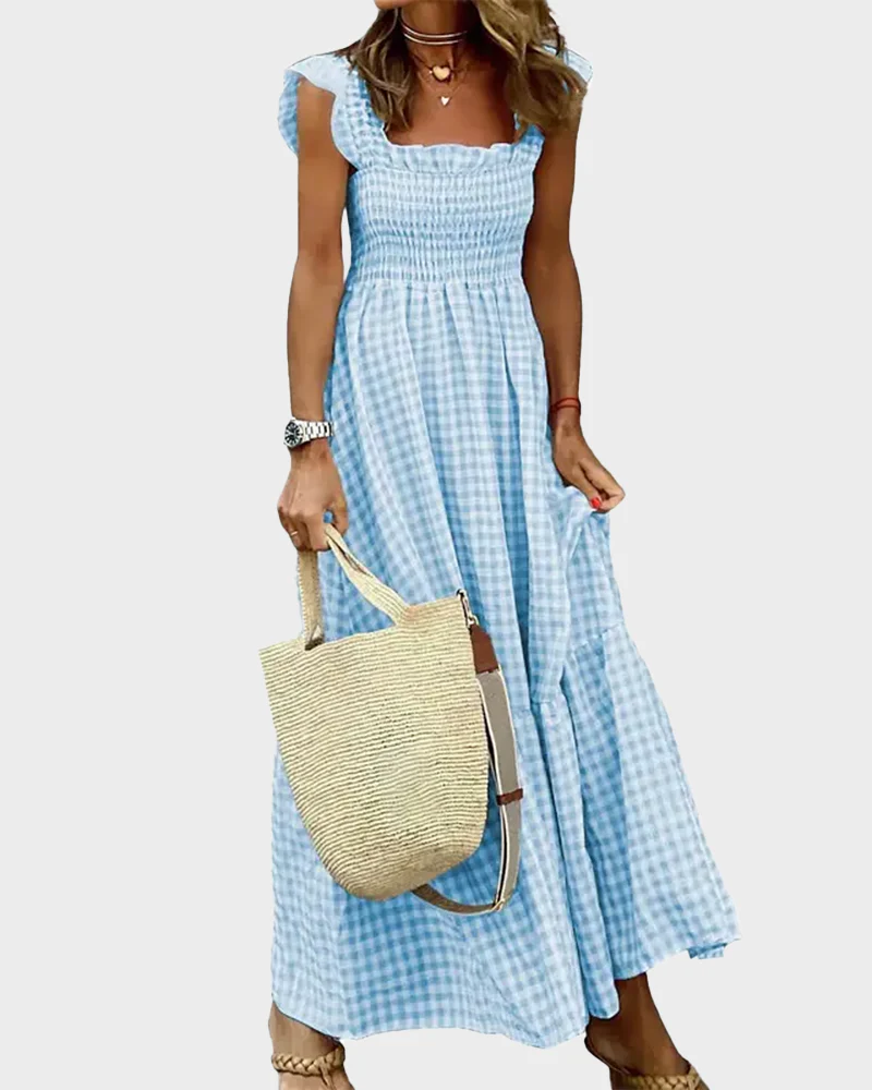 Women's Retro Plaid Smocked Dress Spaghetti Strap Flowy Maxi with Pockets - Image 21