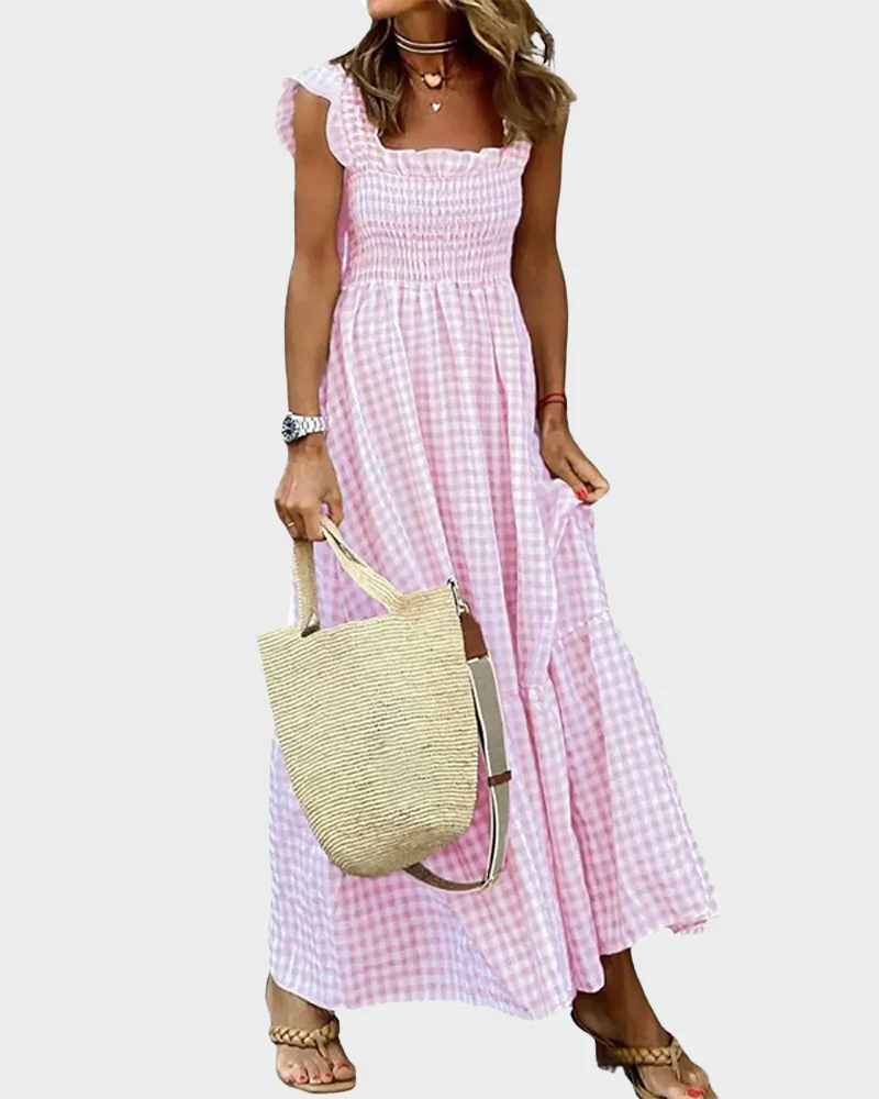 Women's Retro Plaid Smocked Dress Spaghetti Strap Flowy Maxi with Pockets - Image 22