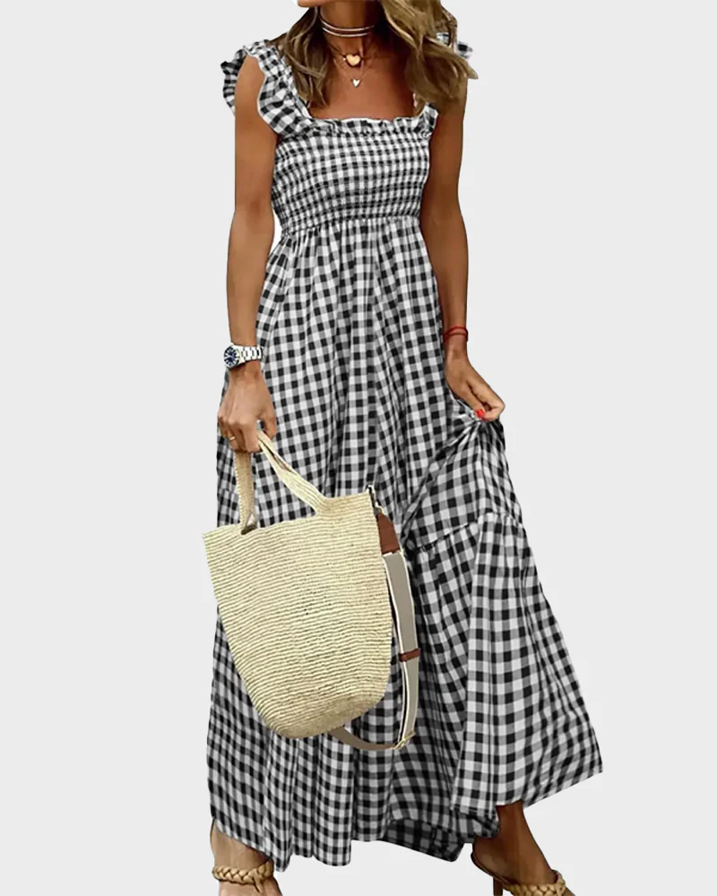Women's Retro Plaid Smocked Dress Spaghetti Strap Flowy Maxi with Pockets - Image 23