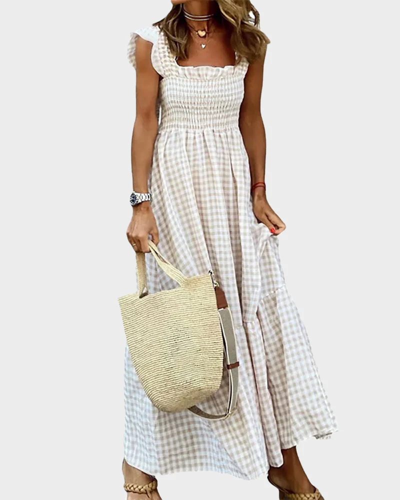 Women's Retro Plaid Smocked Dress Spaghetti Strap Flowy Maxi with Pockets - Image 24