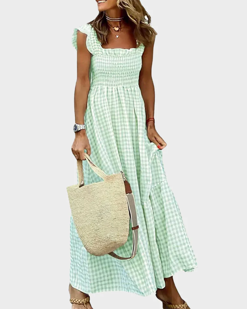 Women's Retro Plaid Smocked Dress Spaghetti Strap Flowy Maxi with Pockets - Image 25