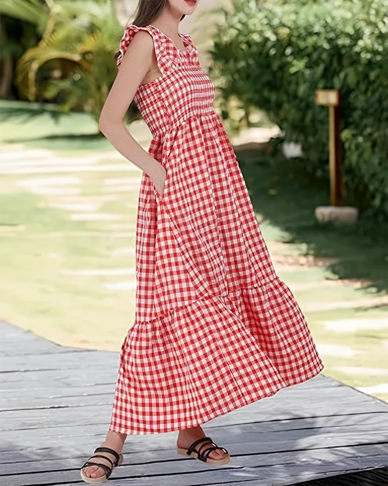 Women's Retro Plaid Smocked Dress Spaghetti Strap Flowy Maxi with Pockets - Image 3