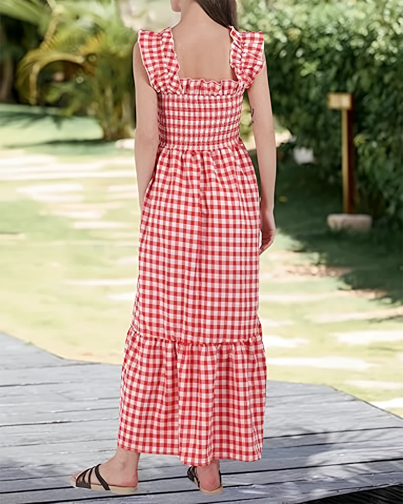 Women's Retro Plaid Smocked Dress Spaghetti Strap Flowy Maxi with Pockets - Image 4