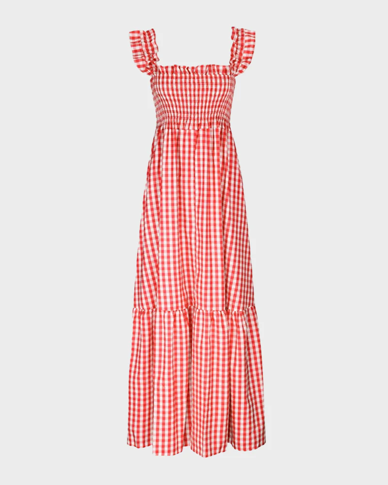 Women's Retro Plaid Smocked Dress Spaghetti Strap Flowy Maxi with Pockets - Image 5