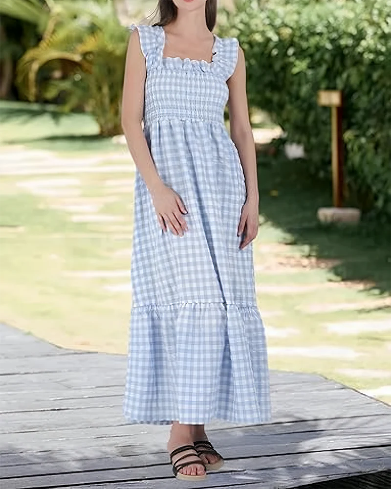 Women's Retro Plaid Smocked Dress Spaghetti Strap Flowy Maxi with Pockets - Image 7