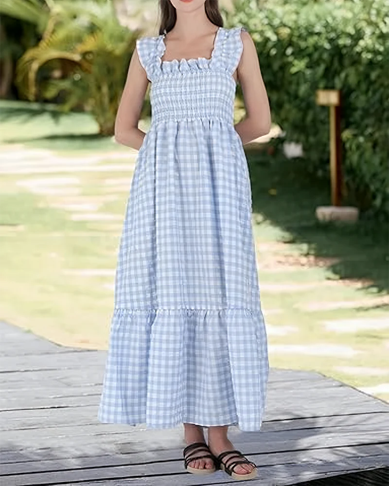 Women's Retro Plaid Smocked Dress Spaghetti Strap Flowy Maxi with Pockets - Image 8