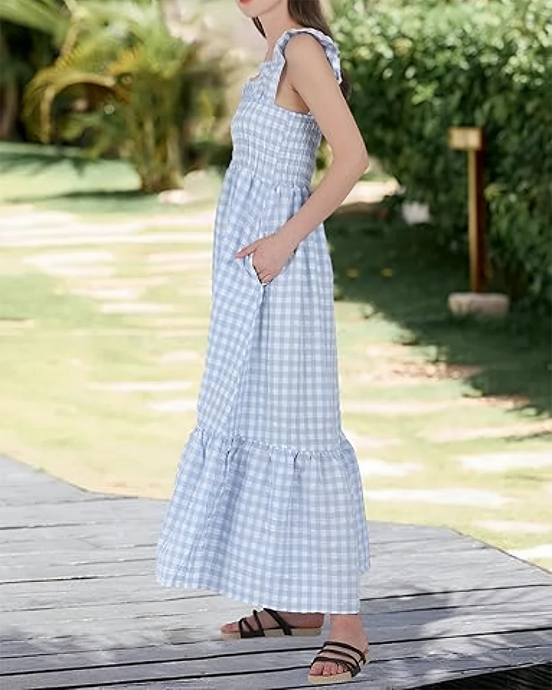 Women's Retro Plaid Smocked Dress Spaghetti Strap Flowy Maxi with Pockets - Image 9
