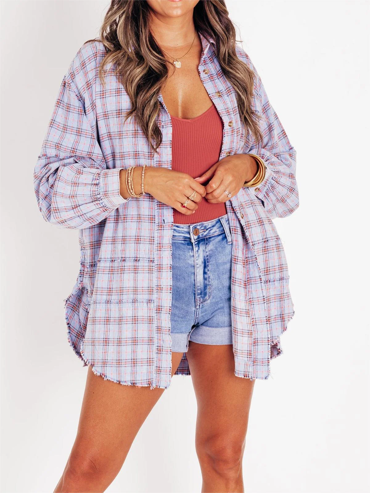 Women's Seams Raw Edge Washed Oversized Shirt Jacket with Pockets - Image 11