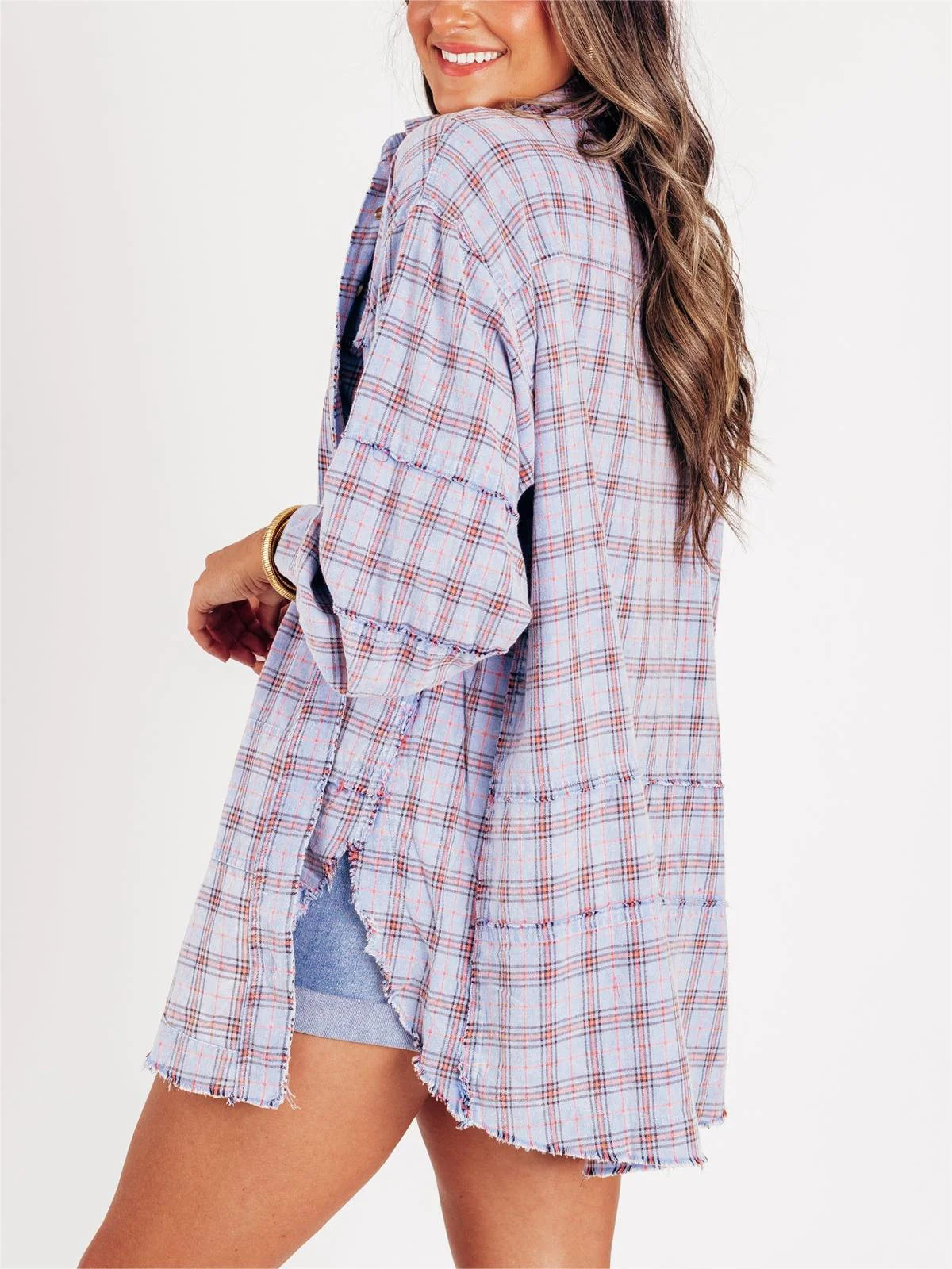 Women's Seams Raw Edge Washed Oversized Shirt Jacket with Pockets - Image 12