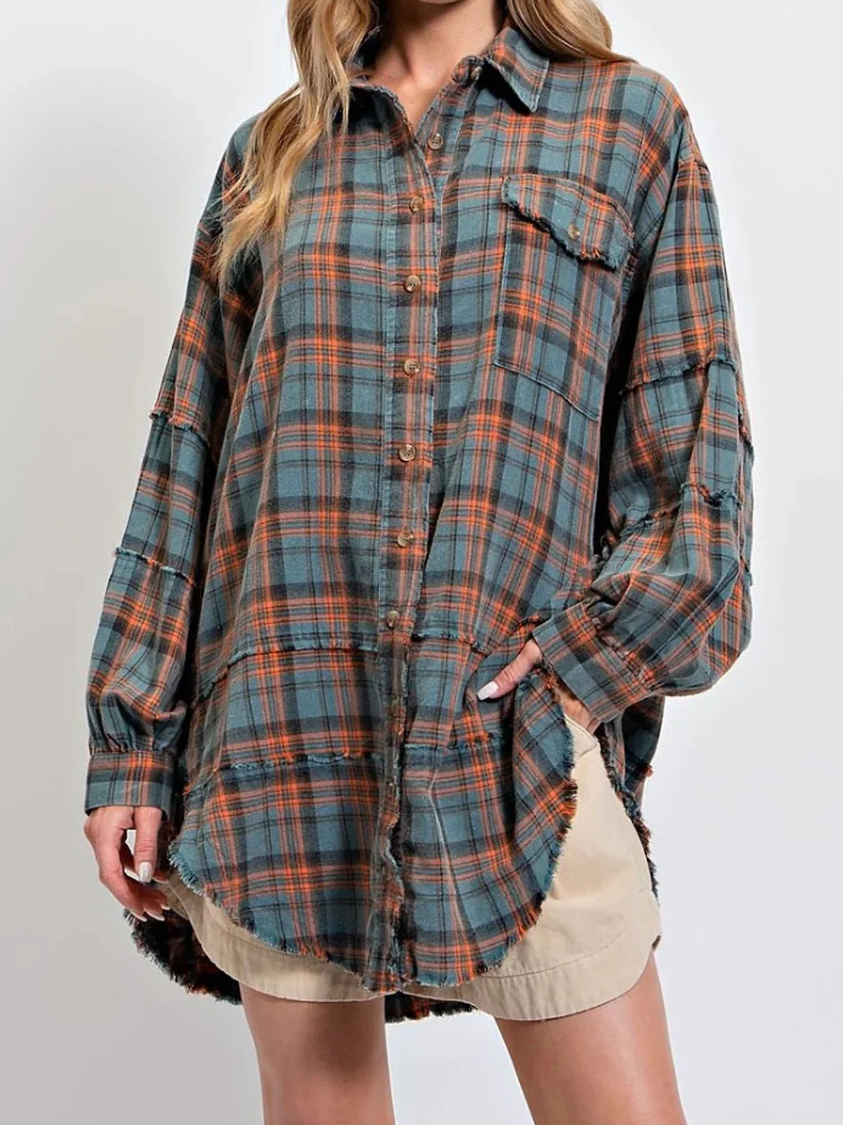 Women's Seams Raw Edge Washed Oversized Shirt Jacket with Pockets - Image 16