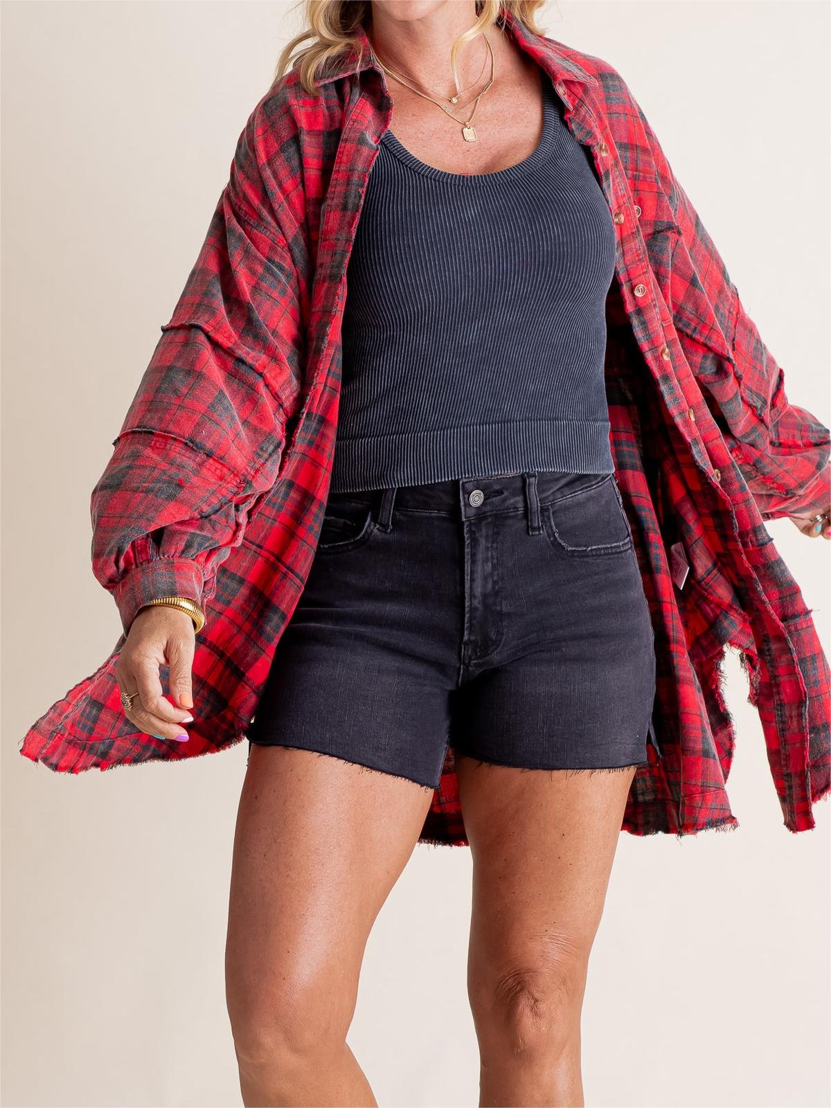 Women's Seams Raw Edge Washed Oversized Shirt Jacket with Pockets - Image 2