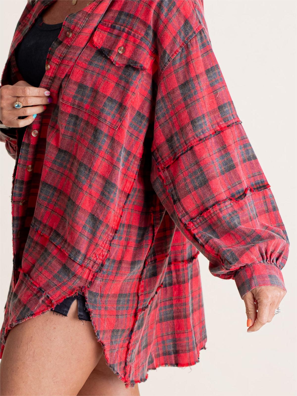 Women's Seams Raw Edge Washed Oversized Shirt Jacket with Pockets - Image 3