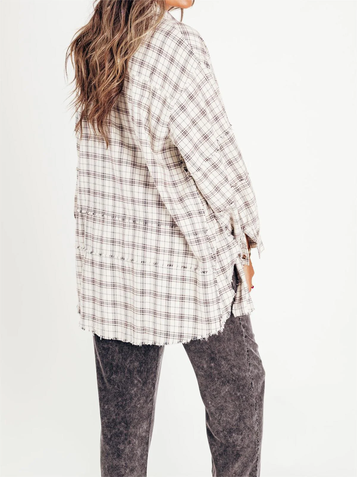 Women's Seams Raw Edge Washed Oversized Shirt Jacket with Pockets - Image 8