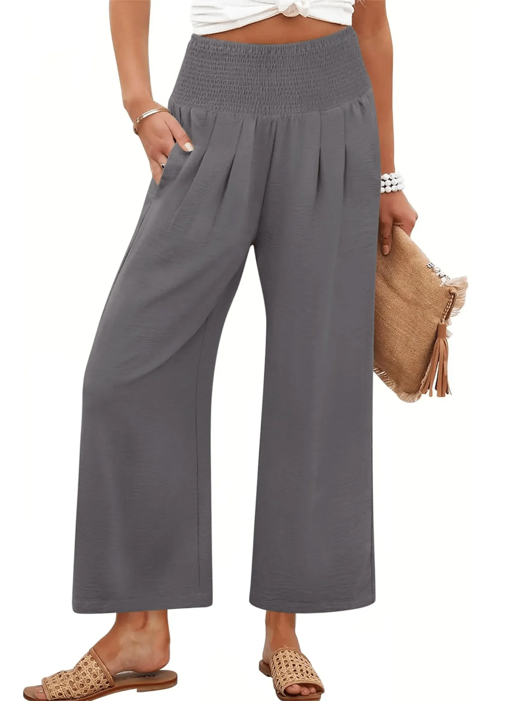 Women's Smocked Waist Wide Leg Palazzo Pants - Image 15