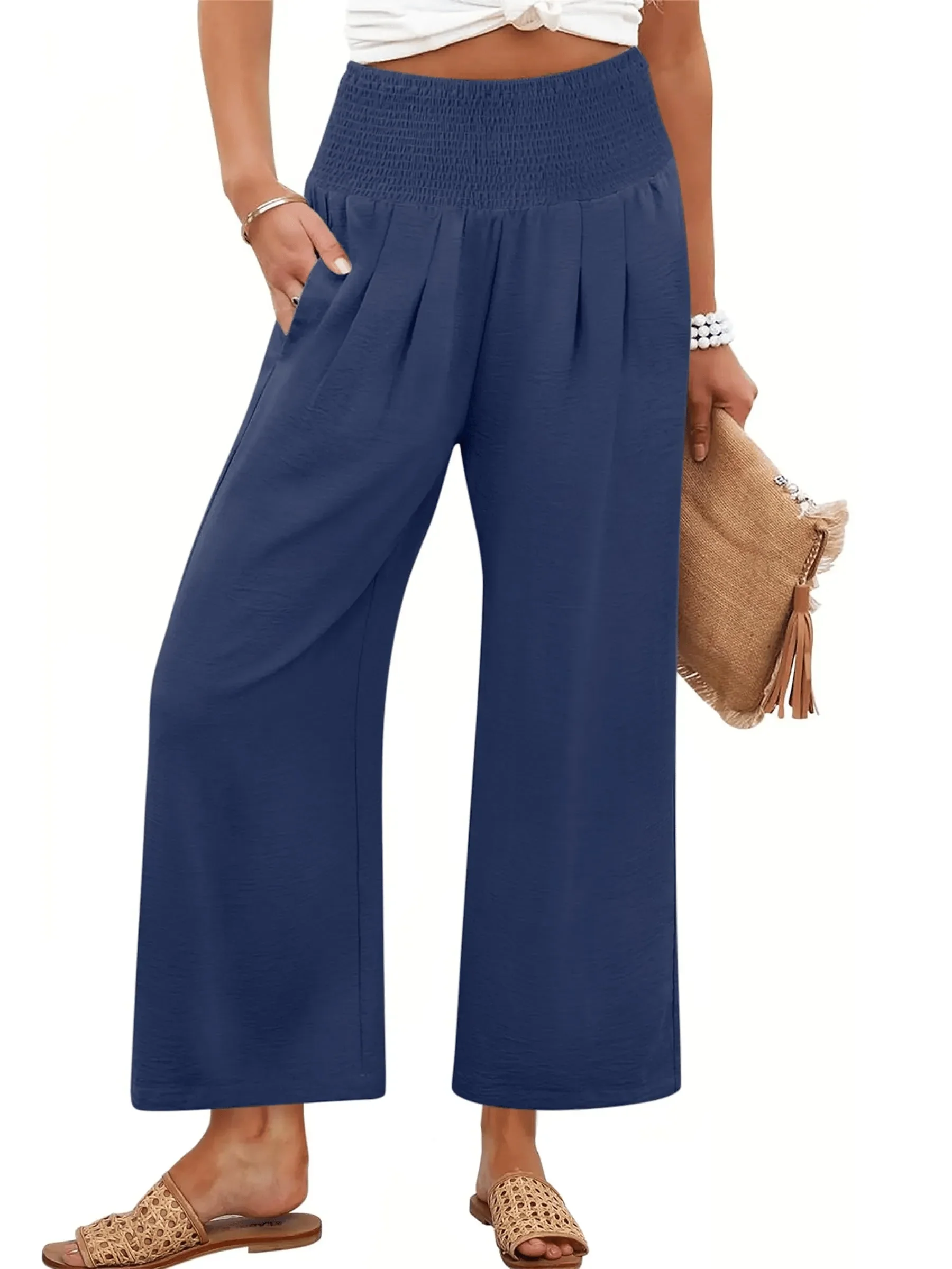 Women's Smocked Waist Wide Leg Palazzo Pants - Image 17