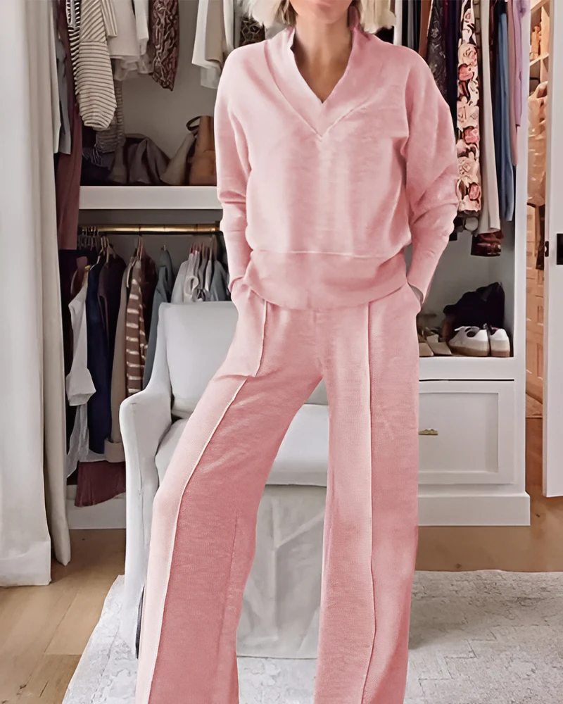 Women's Solid Color V-neck Top & Pants Two-piece Set - Image 10