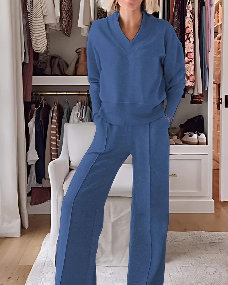 Women's Solid Color V-neck Top & Pants Two-piece Set - Image 6