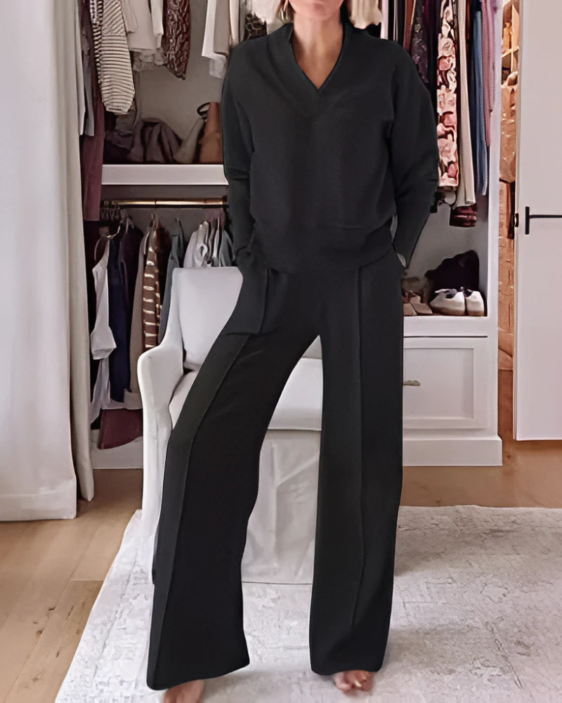 Women's Solid Color V-neck Top & Pants Two-piece Set - Image 7
