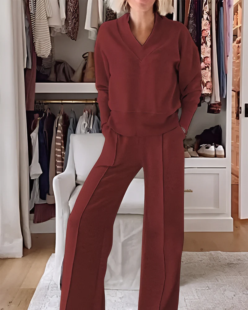 Women's Solid Color V-neck Top & Pants Two-piece Set - Image 8