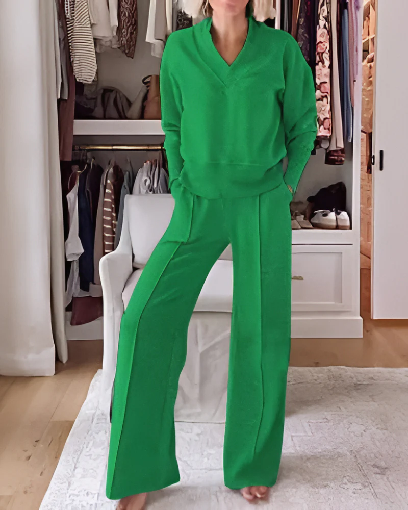 Women's Solid Color V-neck Top & Pants Two-piece Set - Image 9
