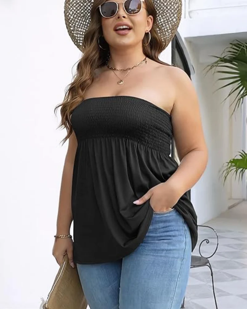 Women's Strapless Tube Top Boho Chic Ruffle Hem Casual Sleeveless - Image 2