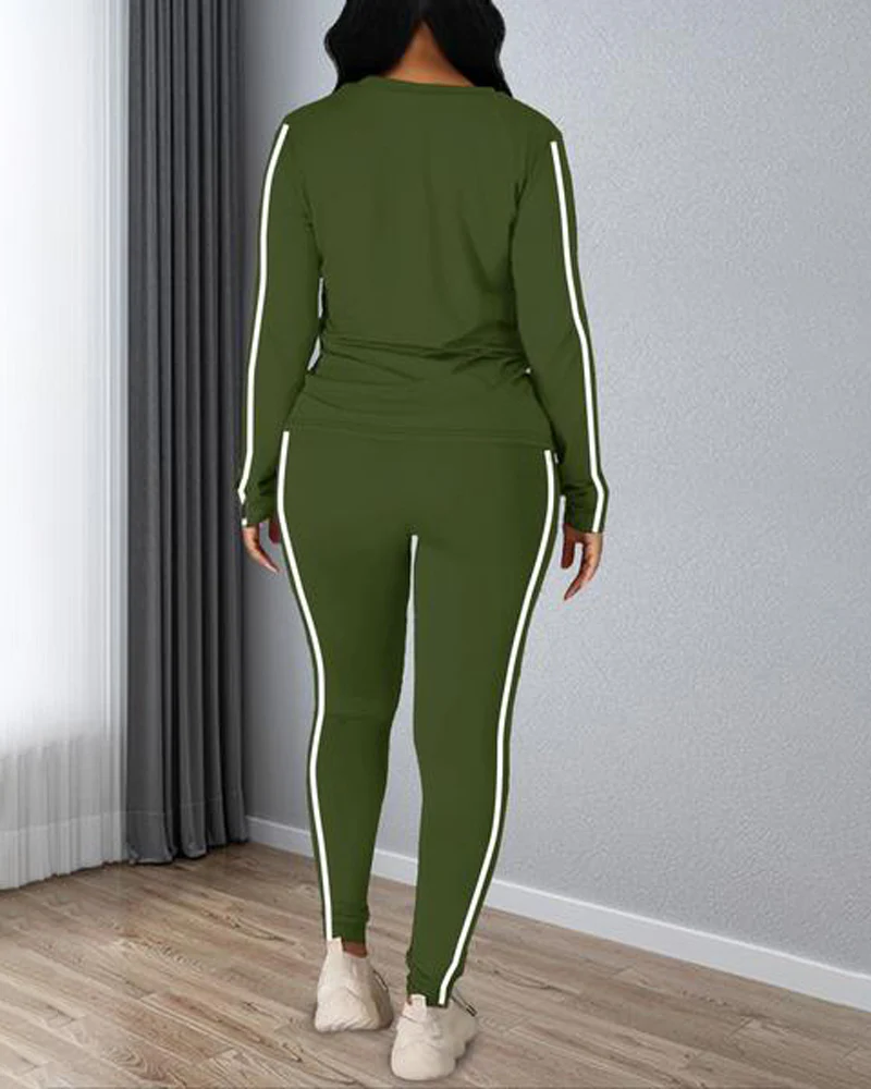 Women's Striped Print Long Sleeve Top & Pants Two-piece Set - Image 4