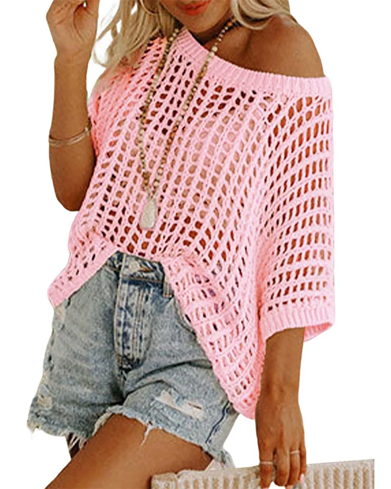 Women's Summer Short Sleeved Hollow Knitted Top Beach Wear - Image 10