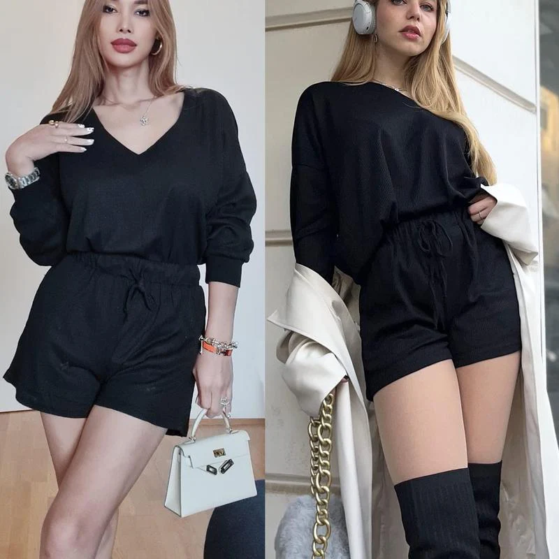 Women's V Neck Pajama Set Long Sleeve Sleepwear - Image 3