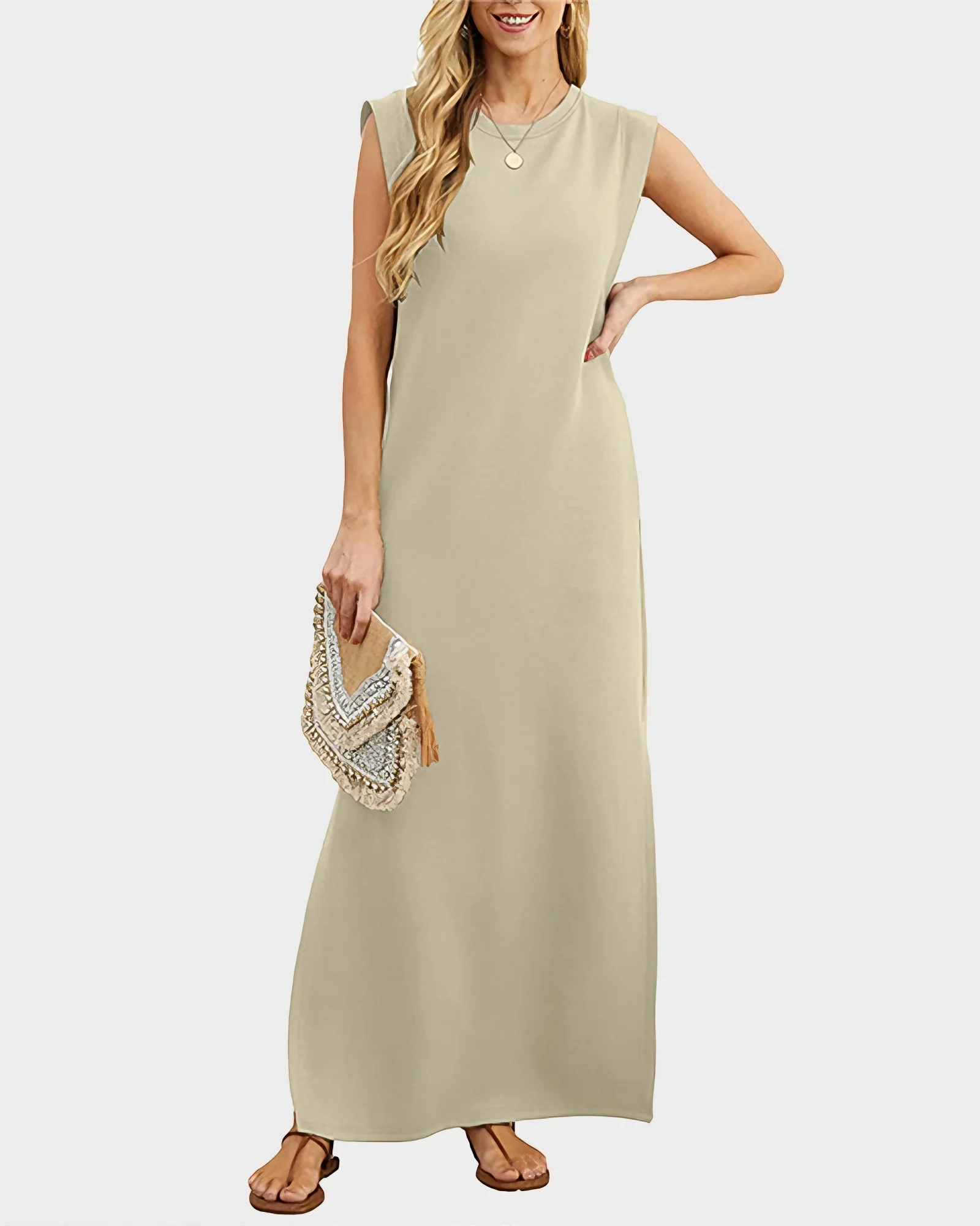 Women's Wrinkle Free Maxi Dress Loose Round Neck Split with Pockets - Image 15