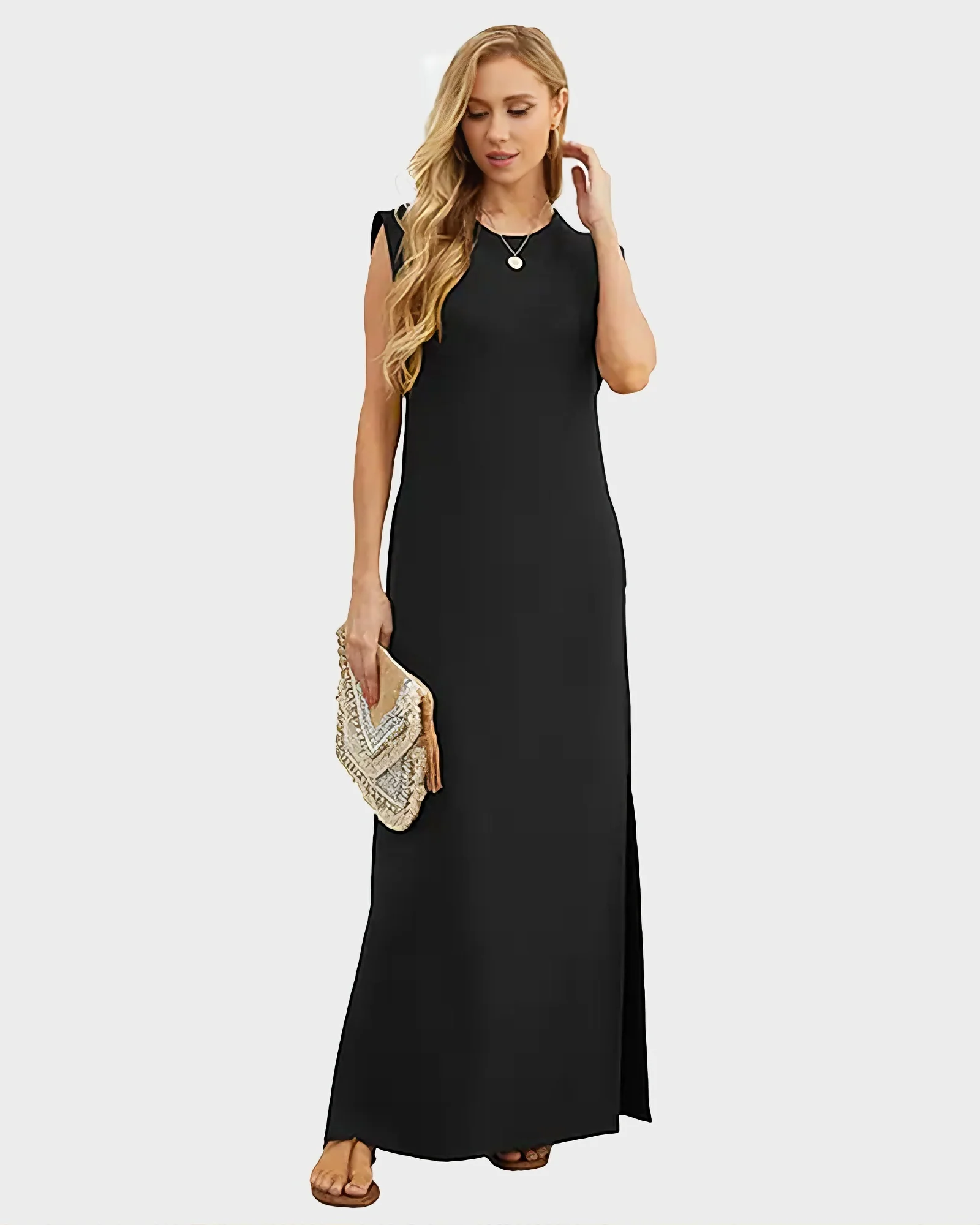 Women's Wrinkle Free Maxi Dress Loose Round Neck Split with Pockets - Image 6